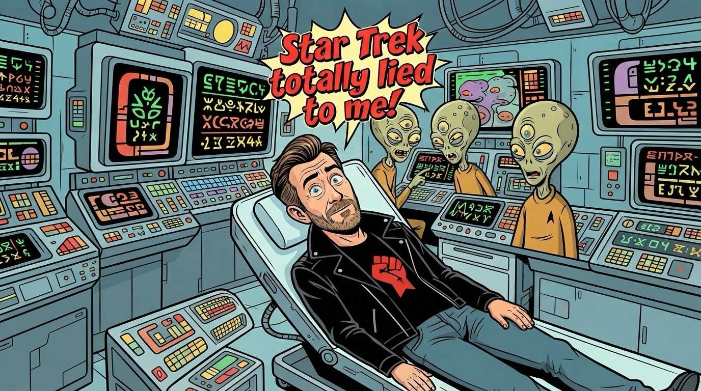 A retro pop-art style illustration shows a cartoonish version of "AI Rob" (a man with brown hair, a beard, and a black leather jacket over a red fist logo t-shirt) lying on a tilted, futuristic examination table. His eyes are wide with comical bewilderment. Above his head, a large, stylized yellow and red comic book speech bubble contains the exact text: "Star Trek totally lied to me!". Two three-eyed alien greys are in the background, peering at complex, glowing console screens filled with blinking, abstract alien symbols. The background is a detailed, cluttered sci-fi medical lab. The style uses bold outlines and flat, vibrant colors.