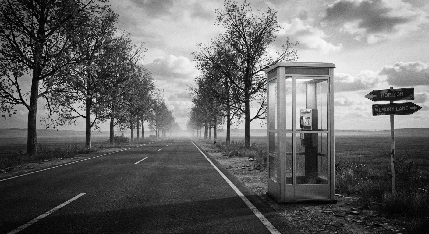 A stark black-and-white photo of a long, empty highway disappearing into a distant horizon. A solitary, classic silver-framed American telephone booth stands on the roadside, symbolizing the tension between moving forward and unexpected calls from the past.