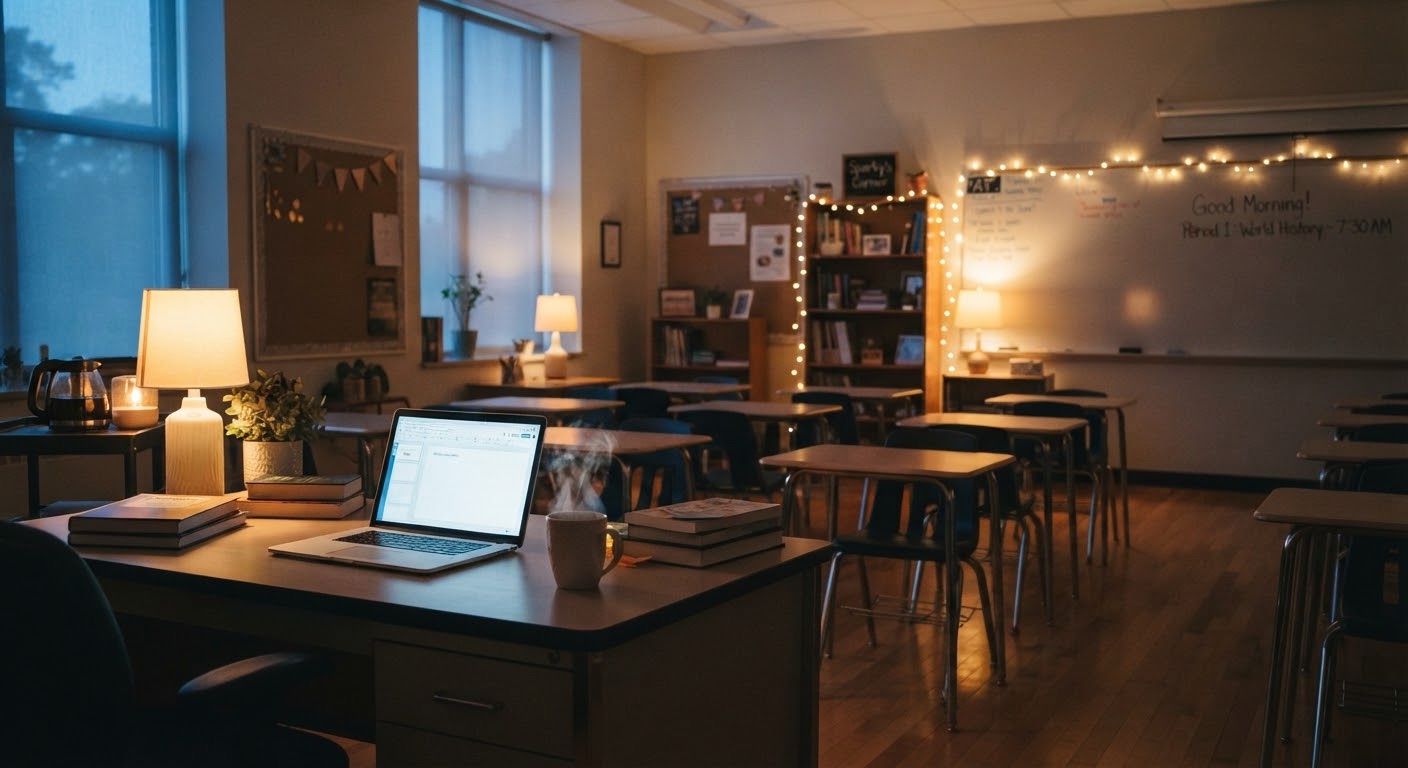 A quiet high school classroom in the early morning, lit by warm desk lamps and natural light coming through the windows, with empty student desks and a coffee station visible.