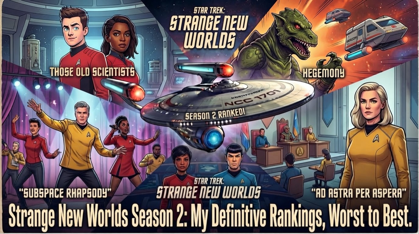 Featured image for a Star Trek: Strange New Worlds Season 2 rankings post, featuring a collage of illustrated scenes including the USS Enterprise NCC-1701, characters from "Those Old Scientists," "Hegemony," "Subspace Rhapsody," and "Ad Astra per Aspera," with the title text "Strange New Worlds Season 2: My Definitive Rankings, Worst to Best."