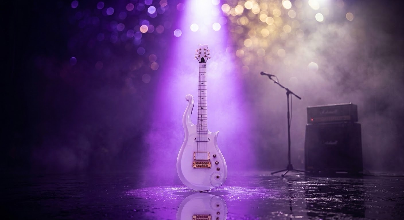 A dramatic photograph of Prince's authentic white 'Cloud' guitar, identical to the instrument seen in the film Purple Rain, standing on a dark, wet stage. It is dramatically bathed in an intense purple spotlight, which makes the white body radiate lavender and purple light while all the original gold hardware gleams. A dense purple haze surrounds the guitar, with its reflection visible on the slick floor. Shimmering gold and white bokeh lights break through the top, suggesting hope and triumph.