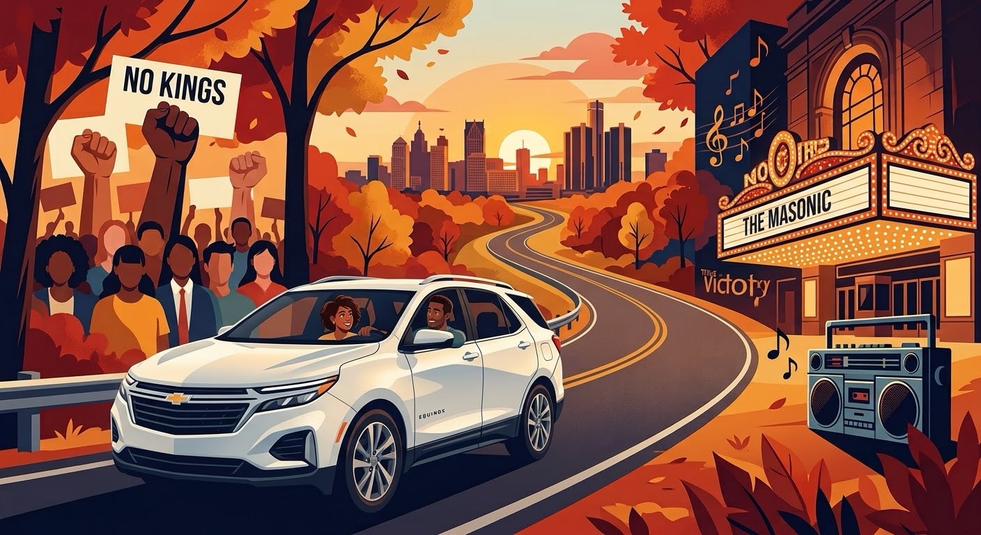 A high-resolution animated graphic showing a detailed white Chevrolet Equinox (modeled after image_1.png) driving on a winding autumn road toward the Detroit skyline. In the car, a man drives while intertwined hands rest on the center console with a woman (Sierra), who is looking at him with a deep, loving expression. Background elements blend a diverse political rally crowd with 'NO KINGS' signs and the illuminated marquee of 'THE MASONIC' theater with music notes and a boombox, symbolizing a multi-event 'victory lap' weekend.