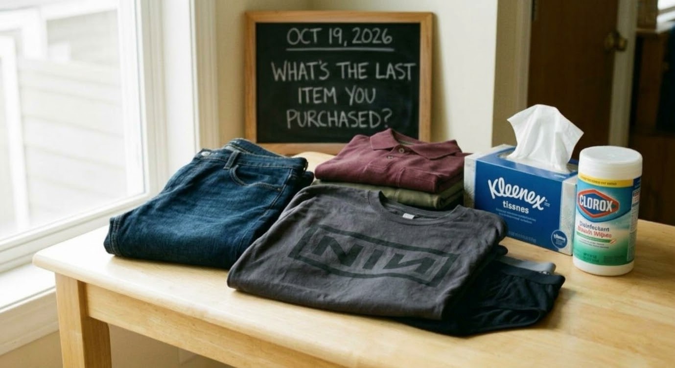 A photograph taken from a slightly elevated angle shows a wooden table holding a collection of recent purchases: a dark grey t-shirt with a blocky "NIN" logo, a pair of folded blue jeans, a burgundy polo shirt, a gray polo shirt, a box of Kleenex tissues, and a tub of Clorox wipes. Standing on the table behind the items is a wooden-framed chalkboard with white chalk writing that reads: "OCT 19, 2026," "WHAT'S THE LAST ITEM YOU PURCHASED?"
