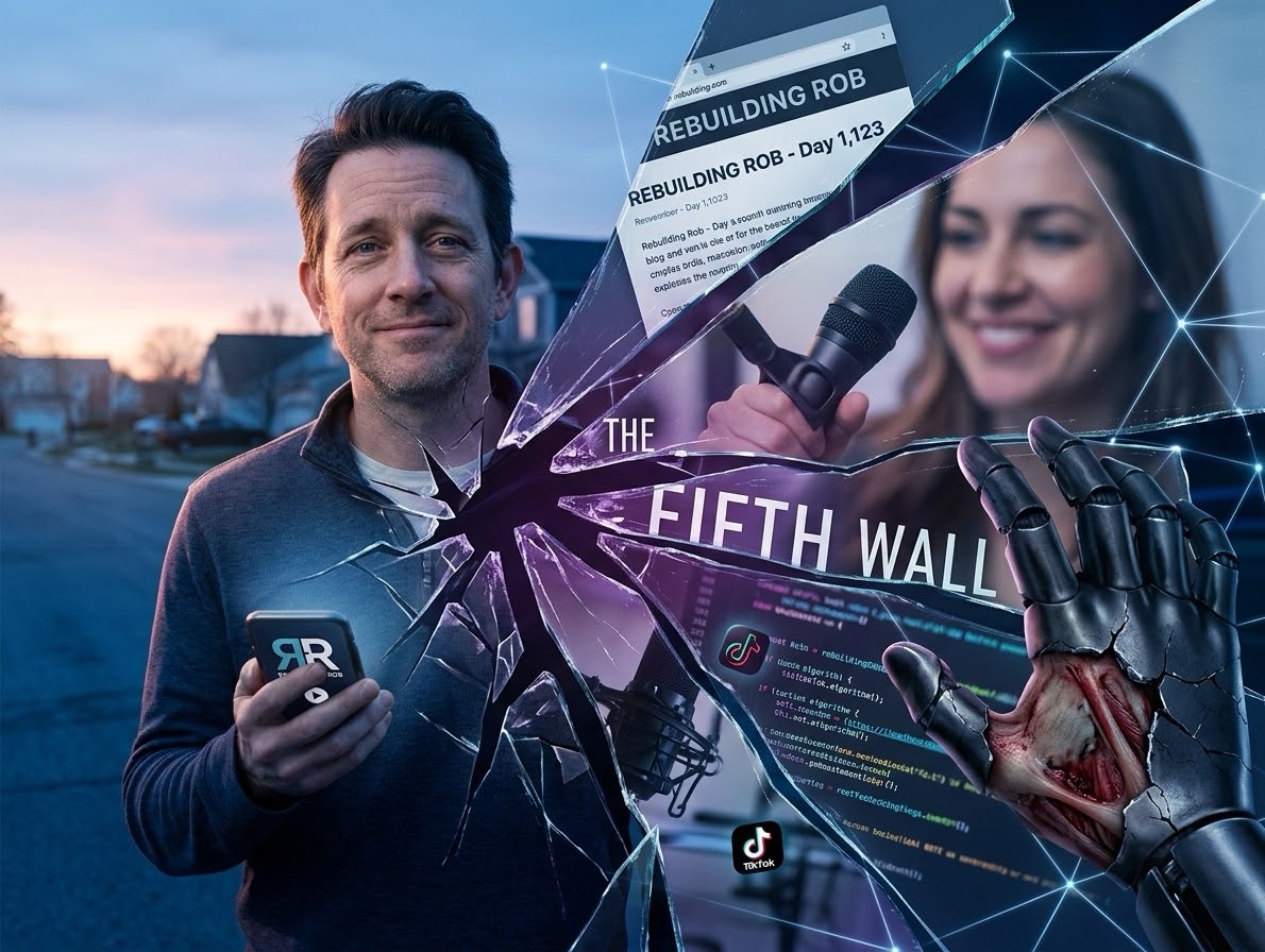 A conceptual split image featuring a man on the left in a casual jacket holding a smartphone with a stylized "RR" logo. A starburst pattern of shattered glass splits the scene. The shattered glass shards reveal a blurred, smiling woman holding a microphone, floating social media icons, code, and blog text titled "Rebuilding Rob - Day 1,123". The title "THE FIFTH WALL" is written across the center fracture. On the bottom right, a robotic cybernetic hand with exposed inner tissue reaches toward the fracture.