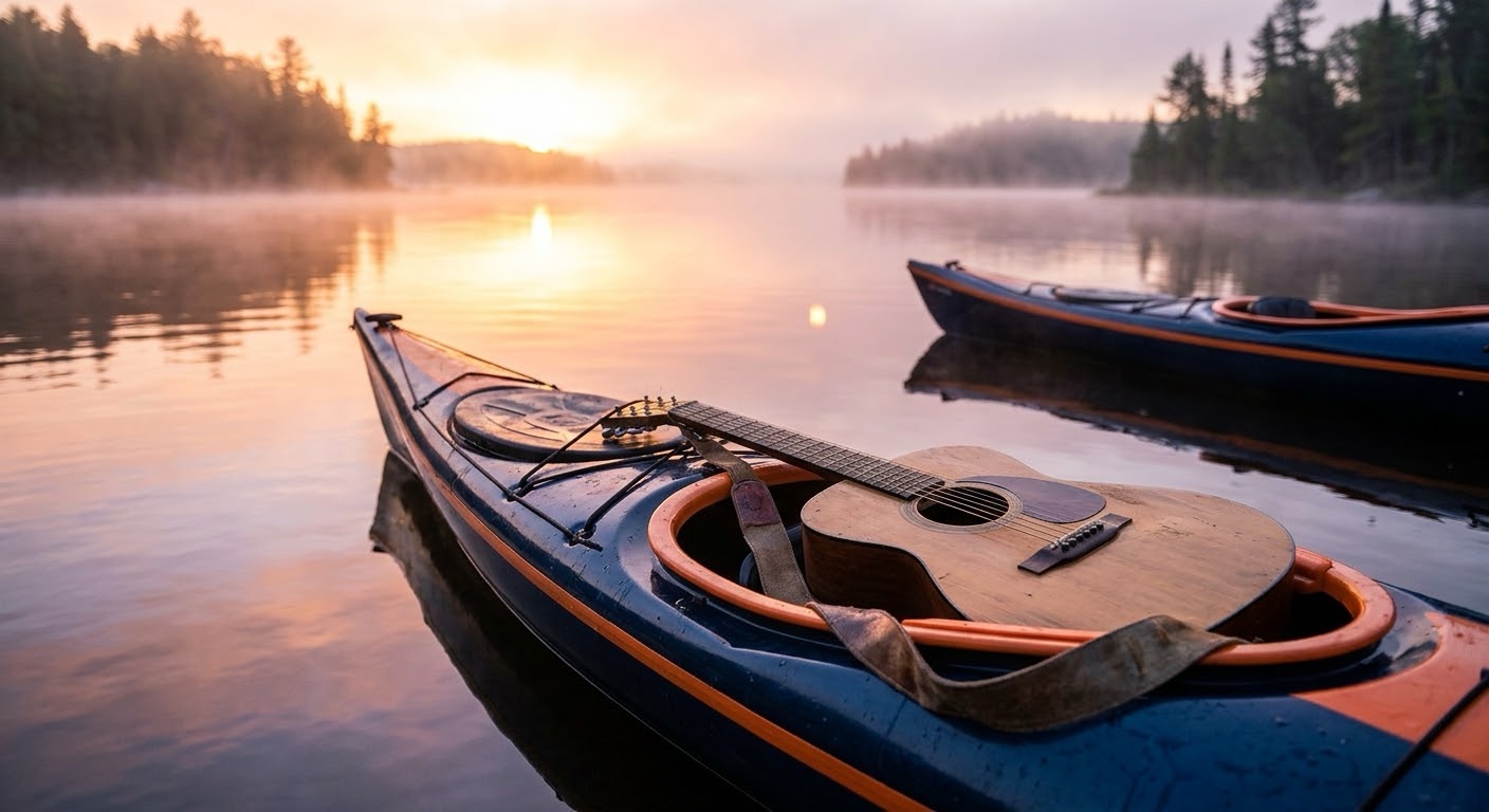 An acoustic guitar resting inside a dark blue kayak on a calm, misty lake at sunrise, with soft morning light reflecting across the water toward a forested shoreline.