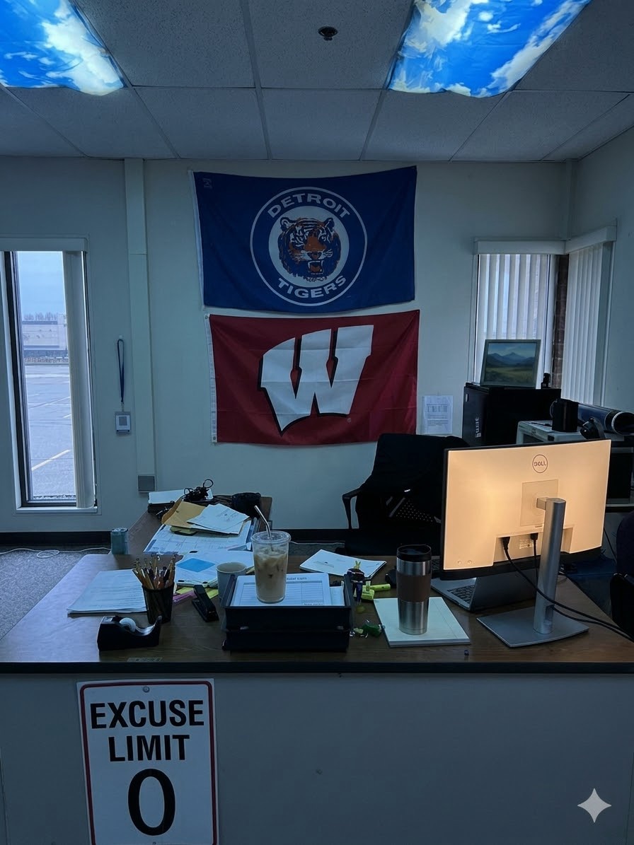 A quiet, dimly lit high school classroom desk early in the morning, featuring a tall plastic cup of iced coffee on the desktop. A glowing computer monitor sits to the right, and two sports flags—a Detroit Tigers banner and a red Wisconsin Badger flag—hang on the wall behind the chair, with a street sign reading "Excuse Limit 0" mounted on the front of the desk.