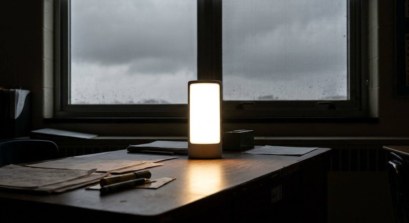 A desktop UV light therapy lamp sitting illuminated on a wooden teacher's desk in a classroom, casting a bright warm glow over papers and pens. In the background, a large classroom window looks out onto a heavy, gray, overcast winter sky.