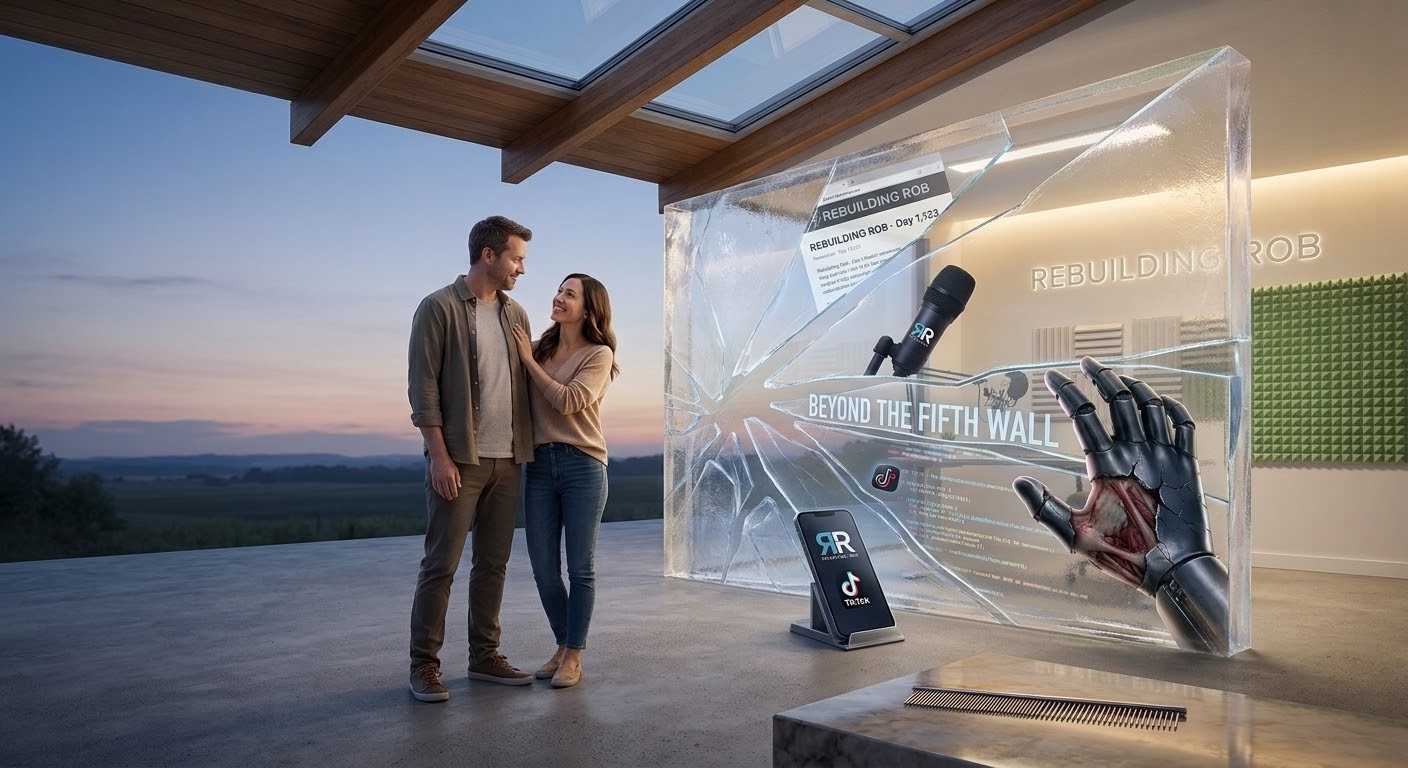 A surreal photograph, serving as a peaceful sequel to "The Fifth Wall." Rob and Sierra stand together on stable ground, looking thoughtfully through a clear, stabilized crystalline structure that safely integrates a professional podcast studio and digital archive (the binary code and graphics now organized, not chaotic). They are supported by a reinforced ceiling. The breach has been transformed into a seamless, orderly barrier, reflecting integration, stability, and mutual respect in the relationship. A metaphorical fine-toothed comb rests nearby, signifying a thoughtful process.