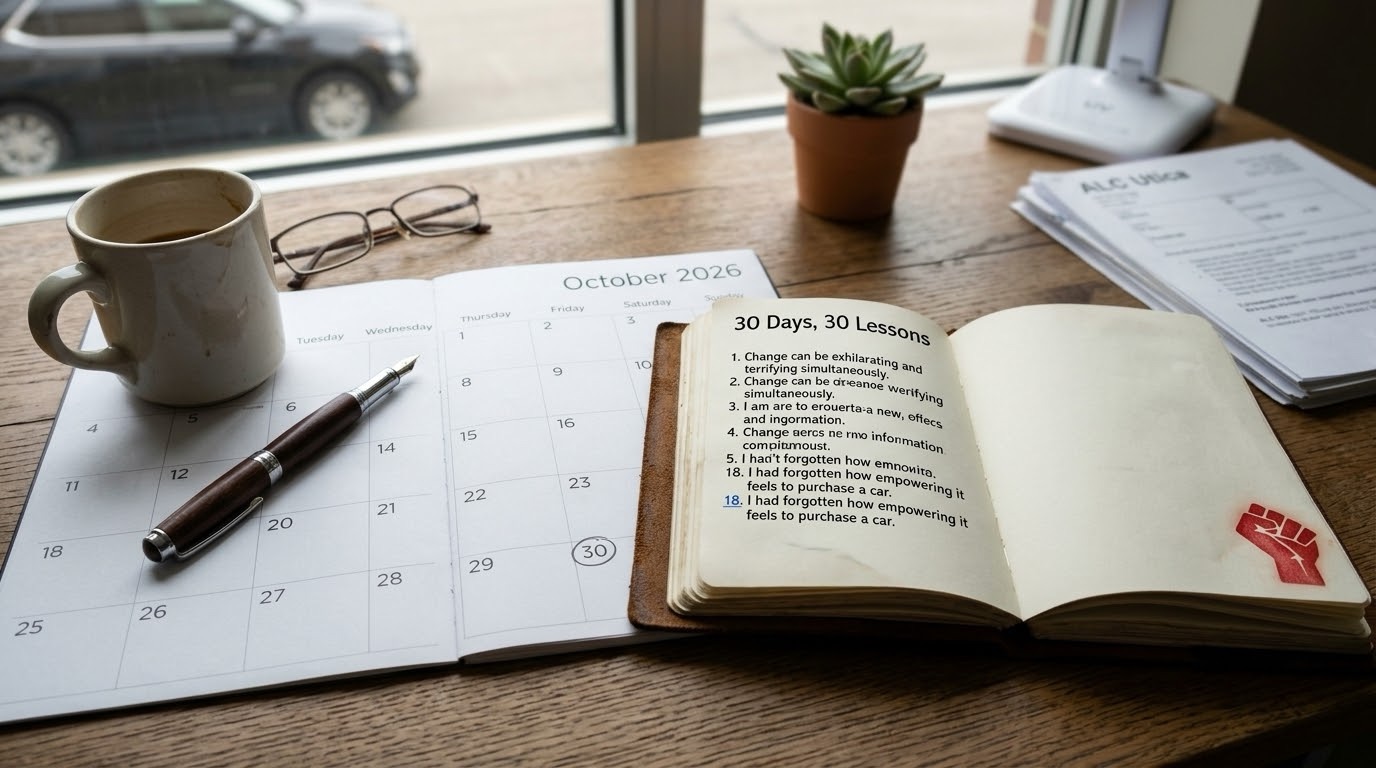 A clean desk setup featuring a open notebook, a pen, and a cup of coffee next to a calendar marking 30 days.